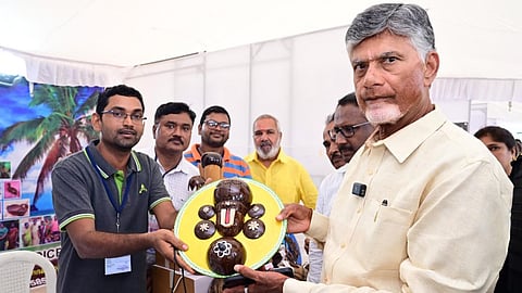 Ayyavaru Harikrishna presenting a portrait of Lord Balaji made of coconut shells to CM Chandrababu Naidu.