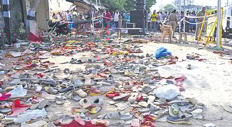 The venue of the TVK chief Vijay’s rally, where a deadly stampede resulted in heavy casualties.