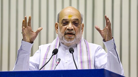 Union Home Minister Amit Shah addresses the valedictory session of the seminar 'Bharat Manthan 2025 - Naxal Mukt Bharat', in New Delhi, Sunday, Sept. 28, 2025.