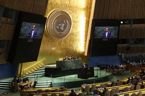 Oman Foreign Minister Badr al-Busaidi addresses the 80th session of the United Nations General Assembly, Saturday, Sept. 27, 2025, at UN headquarters.