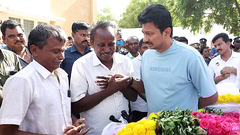 Tamil Nadu Deputy Chief Minister Udhayanidhi Stalin consoles bereaved family members and relatives of victims, who died after a stampede at actor-politician Vijay's rally on Saturday, at the Government Hospital, in Karur district, Tamil Nadu, early Sunday, Sept. 28, 2025.
