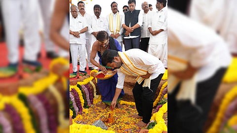 Chief Minister A Revanth Reddy breaks ground during the bhumi puja of the Future City Development Authority (FCDA) office at Mirkhanpet, Hyderabad, on Sunday.