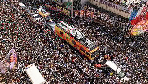 Actor-turned-politician Vijay's TVK party rally in Karur on Saturday.