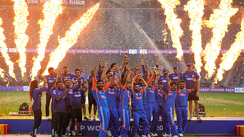 Team India celebrates after winning the Asia Cup cricket final against Pakistan at Dubai International Cricket Stadium, United Arab Emirates, Sunday, Sept. 28, 2025.
