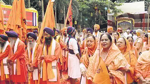 Members of Sikh community organising ‘Jagriti March’ procession from Gurudwara in Bhubaneswar.