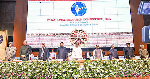 CJI BR Gavai, Governor Hari Babu Kambhampati and Chief Minister Mohan Charan Majhi at the second national mediation conference in Bhubaneswar.