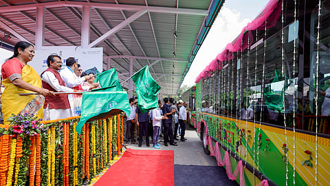 Union Minister of State for Road and Transport Harsh Malhotra, Delhi Chief Minister Rekha Gupta flag off new DEVi buses on the new routes across the Yamuna on the occasion of Seva Pakhwada, in New Delhi.