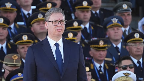 Serbian President Aleksandar Vucic attends a military parade in Belgrade, Serbia, Saturday, Sept. 20, 2025.