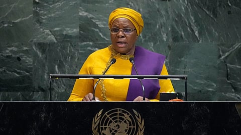 President of Namibia Netumbo Nandi-Ndaitwah addresses the 80th session of the United Nations General Assembly, Wednesday, Sept 24, 2025, at UN headquarters.