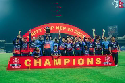 Nepal players celebrate their historic triumph over the West Indies on Tuesday