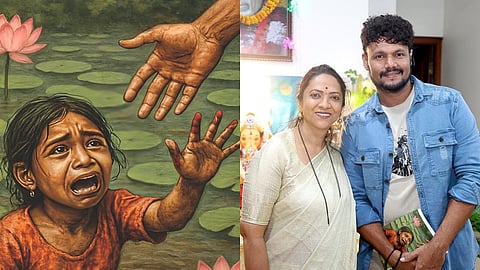 An illustration from the novel (L), Nagalakshmi Chowdhary and Aditya Vinod (R)