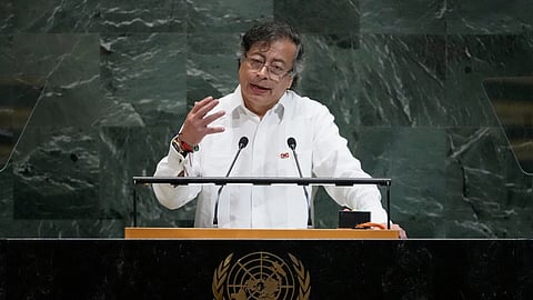 President of Colombia Gustavo Petro Urrego addresses the 80th session of the United Nations General Assembly, Tuesday, Sept. 23, 2025, at UN headquarters.
