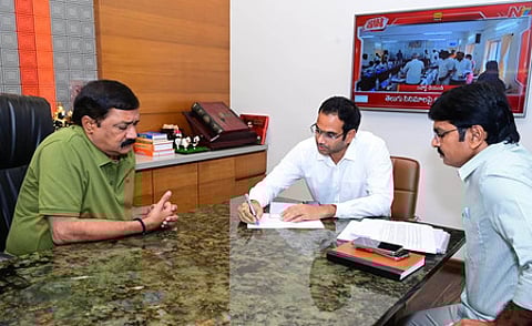 Bheemili MLA Ganta Srinivasa Rao and RDO Sangeeth Madhur meet with farmers who have given land for the Google Data Centre.