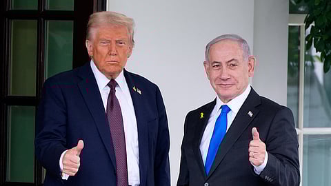 FILE - President Donald Trump greets Israeli Prime Minister Benjamin Netanyahu at the West Wing of the White House, Monday, Sept. 29, 2025, in Washington.