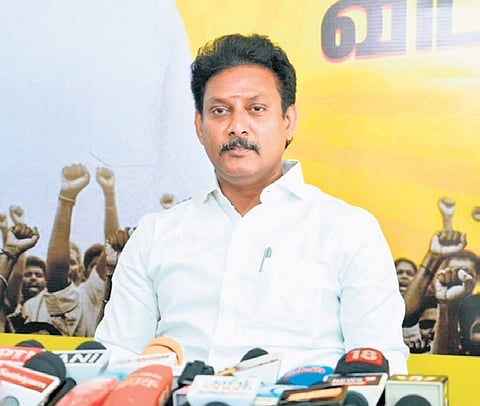 Anbil Mahesh Poyyamozhi addressing the press in Tiruchy on Tuesday | Express