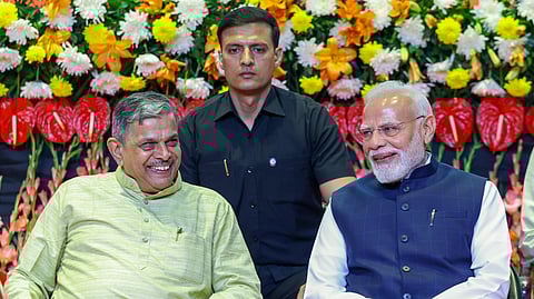 Prime Minister Narendra Modi and Rashtriya Swayamsevak Sangh (RSS) Sarkaryavah Dattatreya Hosabale during the centenary celebrations of the RSS, in New Delhi.