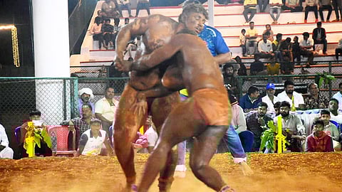A kusti duel under way during Dasara festivities in Mysuru.