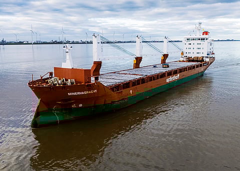 In this Jan. 12, 2025, photo from Mark Prummel, the Netherlands-flagged cargo ship Minervagracht is seen off Delfzijl, the Netherlands.