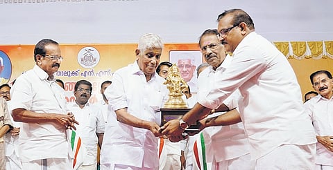 NSS general secretary G Sukumaran Nair at the Vijayadashami Nair meet at Perunna in Kottayam on Thursday