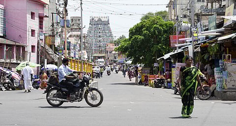 A view of the Jambukeswarar temple in Thiruvanaikoil from the main road leading to its entrance.