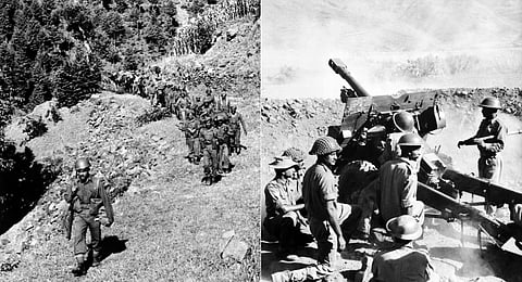 (L) In this photo dated September 13, 1965, shows a column of Indian soldiers progressing in the Haji-Pir gorge during the Second Indo-Pakistani War, known as the Second Kashmir War; (R) In this photo dated August 12, 1965, shows Indian soldiers manning a heavy machine gun in the Uri-Poonch operational sector during the Second Kashmir War.