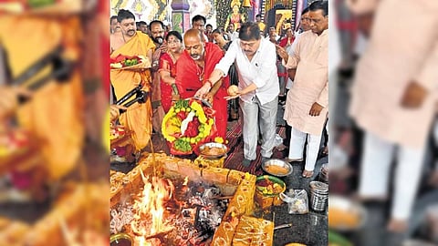 MoS for Home Bandi Sanjay Kumar and BJP state chief N Ramchander Rao perform puja at the Mahashakti temple in Karimnagar on Wednesday.