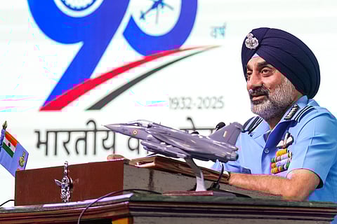 Chief of the Air Staff Air Chief Marshal Amar Preet Singh addresses a press conference, in New Delhi, Friday, Oct. 3, 2025.