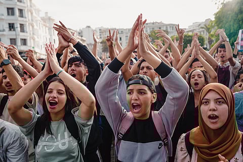 People protest against corruption and calling for healthcare and education reform, in Casablanca, Morocco, Thursday, Oct. 2, 2025.
