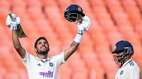Dhruv Jurel celebrates his century with teammate Ravindra Jadeja on Friday