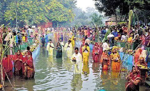 The Chhath Puja, primarily observed by migrants from Bihar, eastern Uttar Pradesh and Jharkhand, draws massive crowds in Delhi each year.