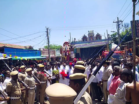 As per tradition, Kanniyakumari district police personnel give guard of honour to the Bagavathi Amman idol infront of the temple on Thursday afternoon while going for Navratri festival Pari Vettai.