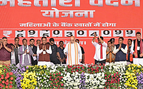 Union Home Minister Amit Shah with Chhattisgarh Chief Minister Vishnu Deo Sai during the 'Bastar Dussehra Mahotsav', in Jagdalpur, Saturday, Oct. 4, 2025.
