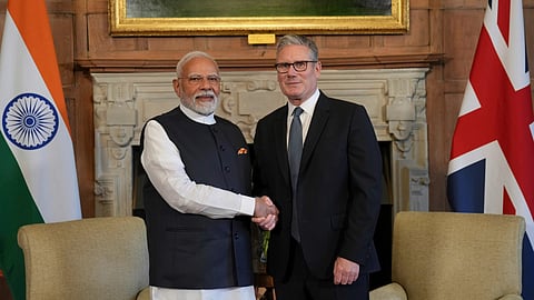 In this image from July 24, 2025, Prime Minister Narendra Modi with his British counterpart Keir Starmer during a meeting at Chequers Estate, in UK.