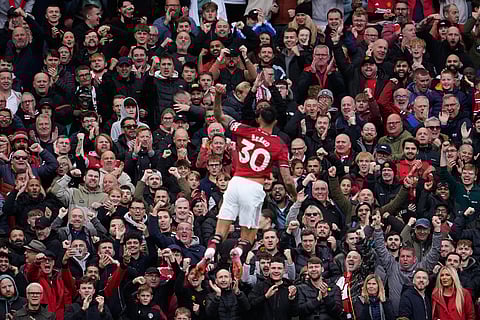 Manchester United's Benjamin Sesko celebrates scoring his side's second goal during the English Premier League match against Sunderland at Old Trafford stadium in Manchester (Photo | AP)