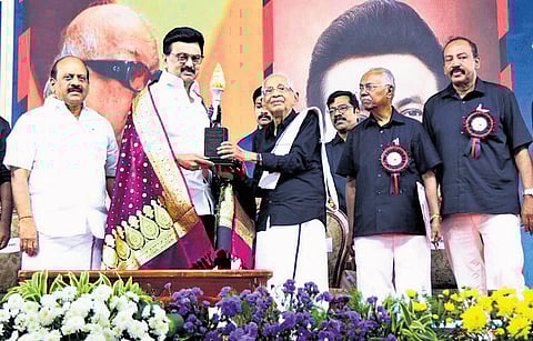 Chief Minister M K Stalin and Dravidar Kazhagam president K Veeramani at the
self-respect movement centenary conference on Saturday