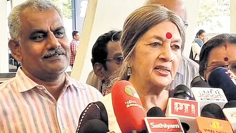CPM national leader Brinda Karat speaking at Coimbatore International Airport on Sunday.