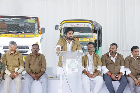 Deputy CM Pawan Kalyan during Auto Driverla Sevalo program organised in Vijayawada on Saturday.