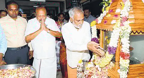 Ministers PK Sekarbabu and MRK Panneerselvam participating in the 203rd birth anniversary celebrations of Vallalar in Cuddalore on Sunday