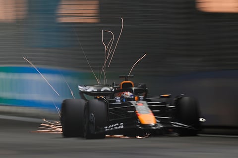 Red Bull driver Max Verstappen of the Netherlands in action during the qualifying for the Singapore Formula One Grand Prix at the Marina Bay Street Circuit in Singapore, Saturday, Oct. 4, 2025.