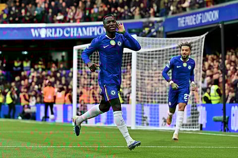 Chelsea's Moises Caicedo celebrates scoring the team's first goal during the EPL football match between Chelsea and Liverpool at Stamford Bridge in London on October 4, 2025.