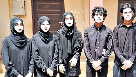 Students who performed Pro Palestine mime at Kumbla GHSS on Monday