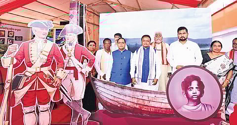 CM Majhi at the exhibition on Shaheed Baji Rout’s life in Nilakanthapur village.