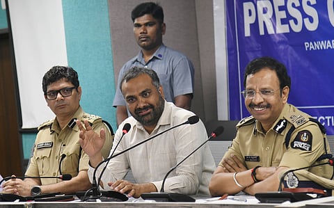 Hyderabad city Police commissioner V C Sajjanar addressing media during