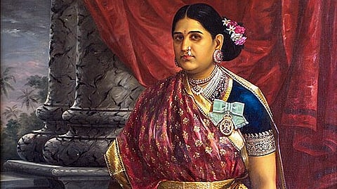 Raja Ravi Varma's oil-on-canvas rendition of Bharani Thirunal Lakshmi Bayi (1848–1901), the Senior Rani of Travancore from 1857 till her death in 1901