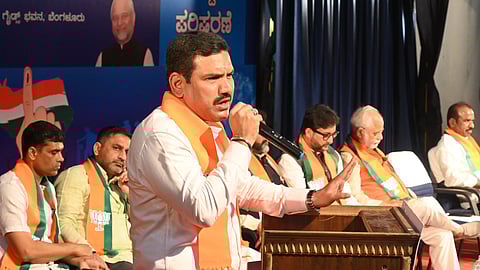 Karnataka BJP President B Y Vijayendra addressing the Booth Level Agents at the BLA-1 state level workshop here in the city on Monday. BJP National Secreatary Rithu Raj Sinha and National Disciplinary Committee Om Patak and other BJP leaders were present.