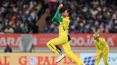 In this image from Sept 27, 2023, Australia's Mitchell Starc in action during the 3rd ODI against India, at Saurashtra Cricket Association Stadium in Rajkot.