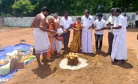 The groundbreaking ceremony for a `85-lakh privately funded resting hall for devotees in Samayapuram was held recently.