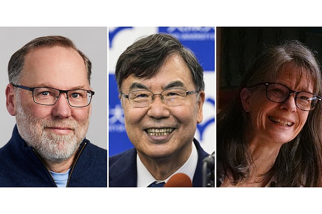 This photo combination shows, from left, Fred Ramsdell in a photo provided by Sonoma Biotherapeutics, Osaka University professor Dr. Shimon Sakaguchi, in Suita, near Osaka, western Japan, Oct. 6, 2025 and Mary E. Brunkow in Seattle, Oct. 6, 2025.