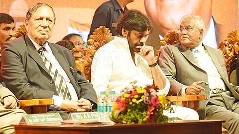( Left to Right ) Justice Santosh Hedge Deputy Chief Minister of AP Pawan Kalyan Justice Gopala Gowda during Felicition and BooK release on Gopala Gowda 75th Birthday anniverasry at Banquet Hall vidhana Soudha , in Bengaluru on Monday.