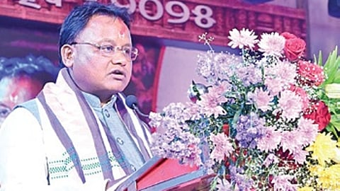 CM Mohan Charan Majhi delivering his address at Barendra Krushna Government High School.